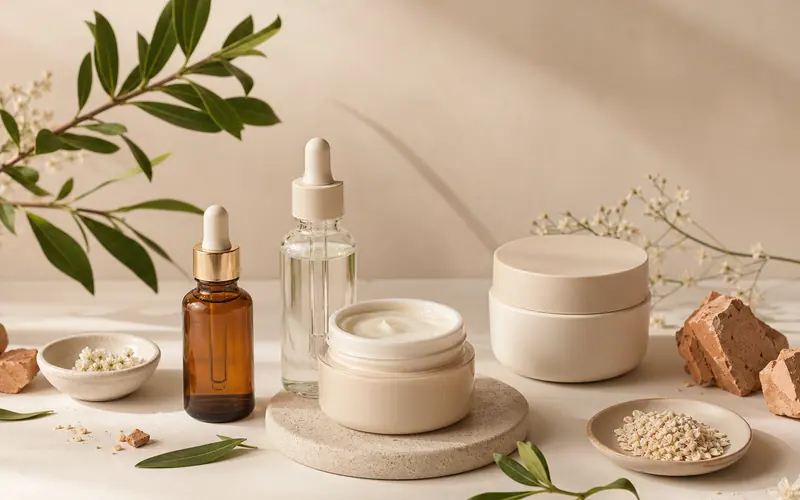 Frascos e ingredientes de skincare