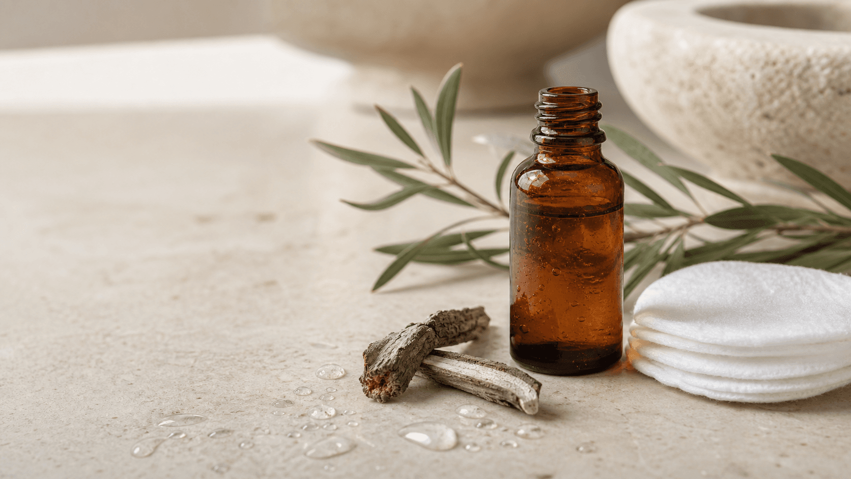 Frasco âmbar sem marca e elementos naturais representando ácido salicílico