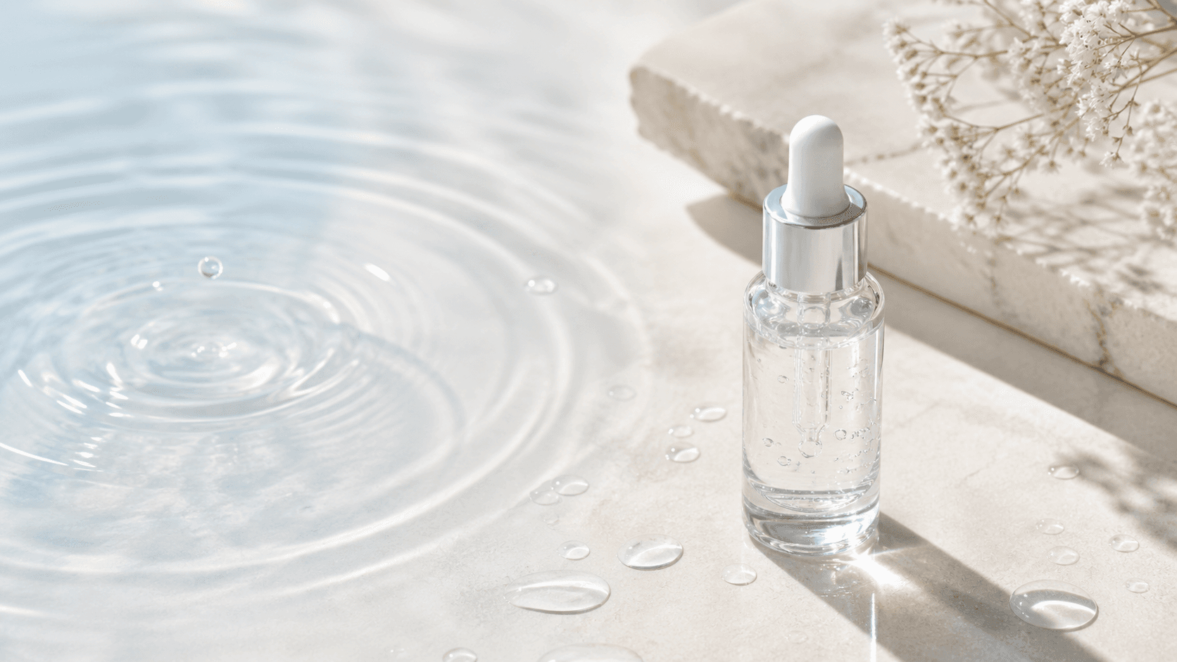 Sérum transparente e gotas de água representando a ação umectante da glicerina