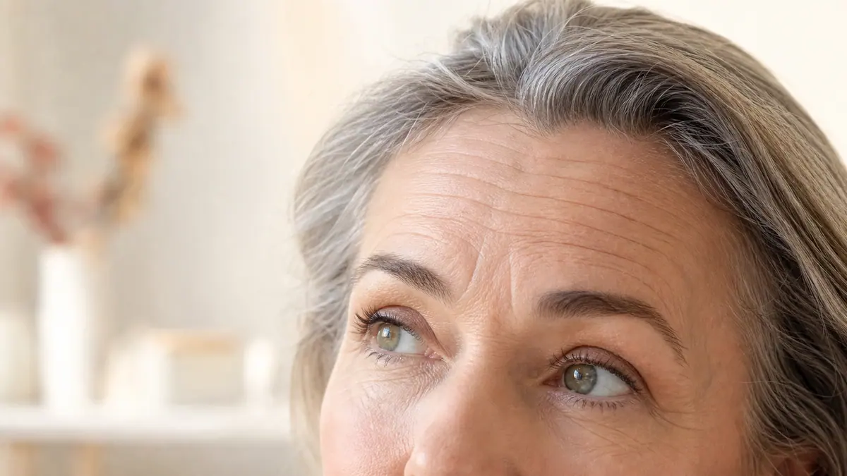 Testa e sobrancelhas de uma mulher madura com textura natural da pele