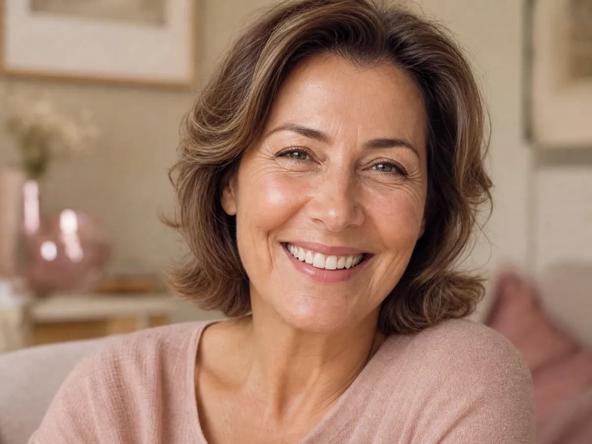Mulher madura sorrindo com linhas naturais ao redor dos olhos