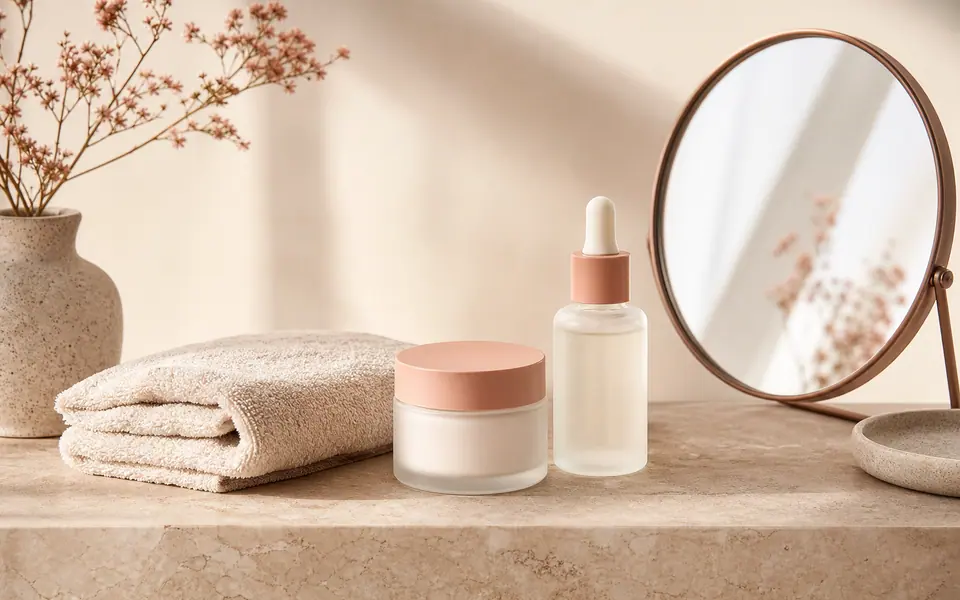Produtos organizados para uma rotina de cuidados da pele madura